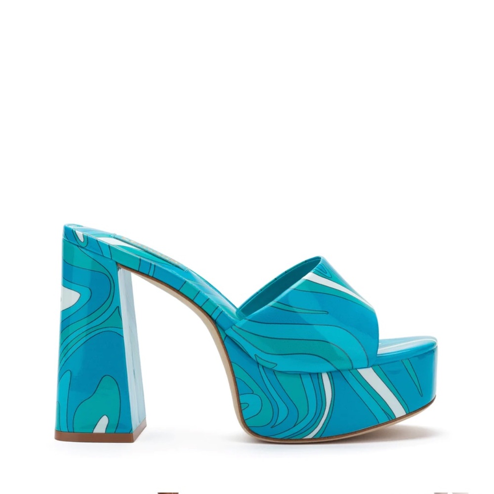 Larroude Dolly Patent Leather Mules in Aqua Wave Print